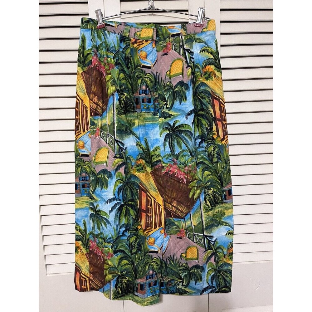 Vtg Sharon Young Tropical Hawaiian Tiki Print Straight Pencil Midi Skirt 14 - Picture 2 of 15